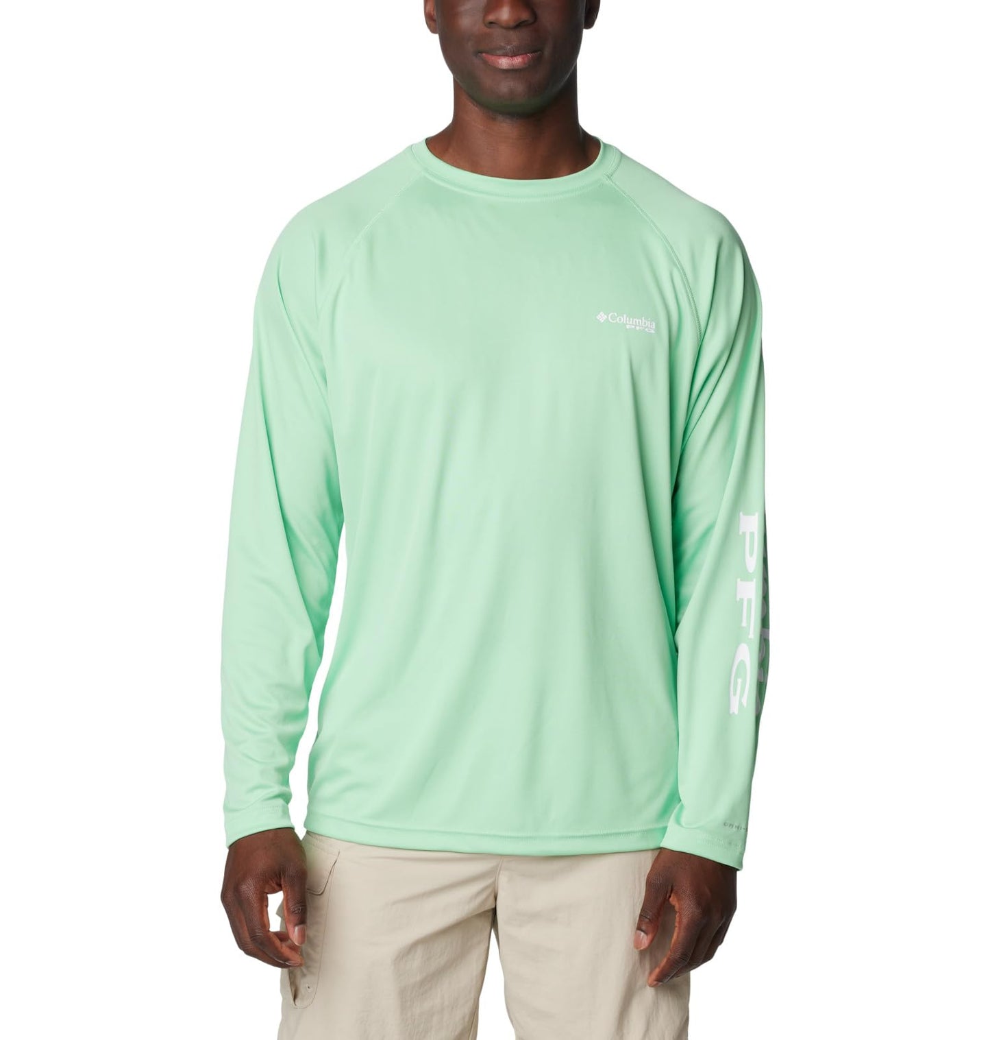 Columbia Men's Terminal Tackle Long Sleeve Fishing Shirt, Ocean Mint/White Logo, 1X