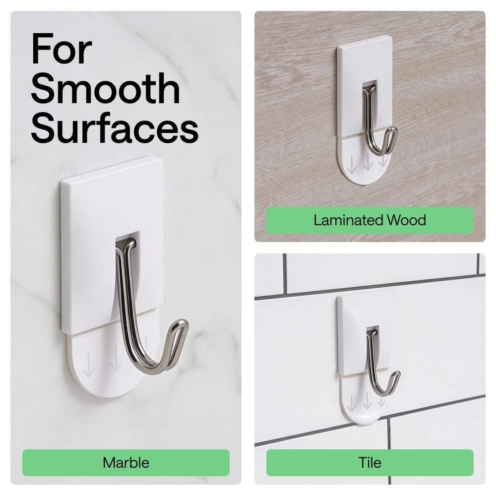 GORILLA GRIP Adhesive Hooks for Hanging, Heavy Duty Self Adhesive Wall Hooks, Damage-Free Removable Metal Hook, No Tools Required, Wall Hanger for Kitchen Bathroom Towel Coat Keys Purse, 5 Pack