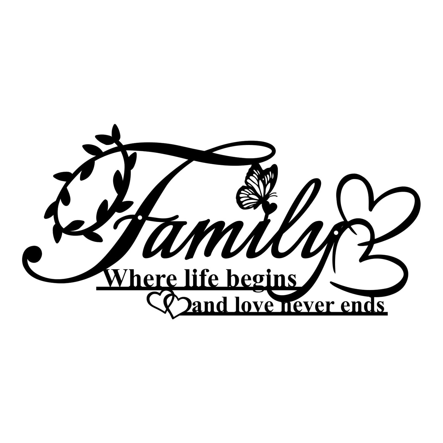 Resama Family Signs Metal Wall Decor,Where Life Begins and Love Never Ends Heart Butterflies Wall Sculpture Black Metal Family Decor for Living Room Bedroom Kitchen (Black,Small)