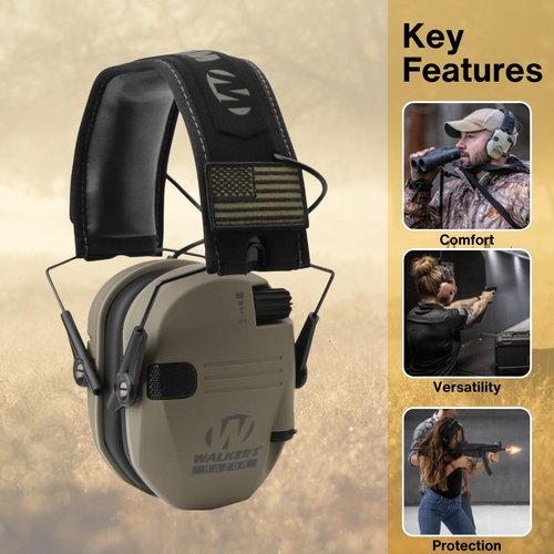 Walker's Razor Slim Electronic Muff (FDE Patriot Version, 2-Pack) Bundle with 22-Channel Walkie-Talkie Attachment (2-Pack), Shooting Glasses (2-Pack) and Cleaning Cloth (2-Pack) (8 Items)