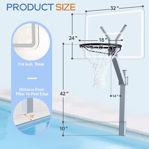Pool Basketball Hoop for Inground, Poolside Basketball Goal with 18'' Standard Rim, Acrylic Backboard, Rustproof Aluminum Alloy Frame - Adjustable Height 20 to 42 Inches (Silver, In-Ground)