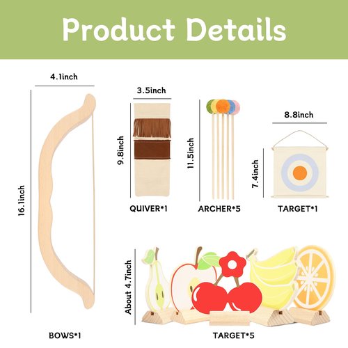 Tislly Wooden Kids Bow and Arrow Set - Safe for Ages 3+, Indoor & Outdoor Archery Gift Toys for Children, Boys & Girls, Includes 5 Arrows, 5 Fruit Targets, 1 Cotton Quiver