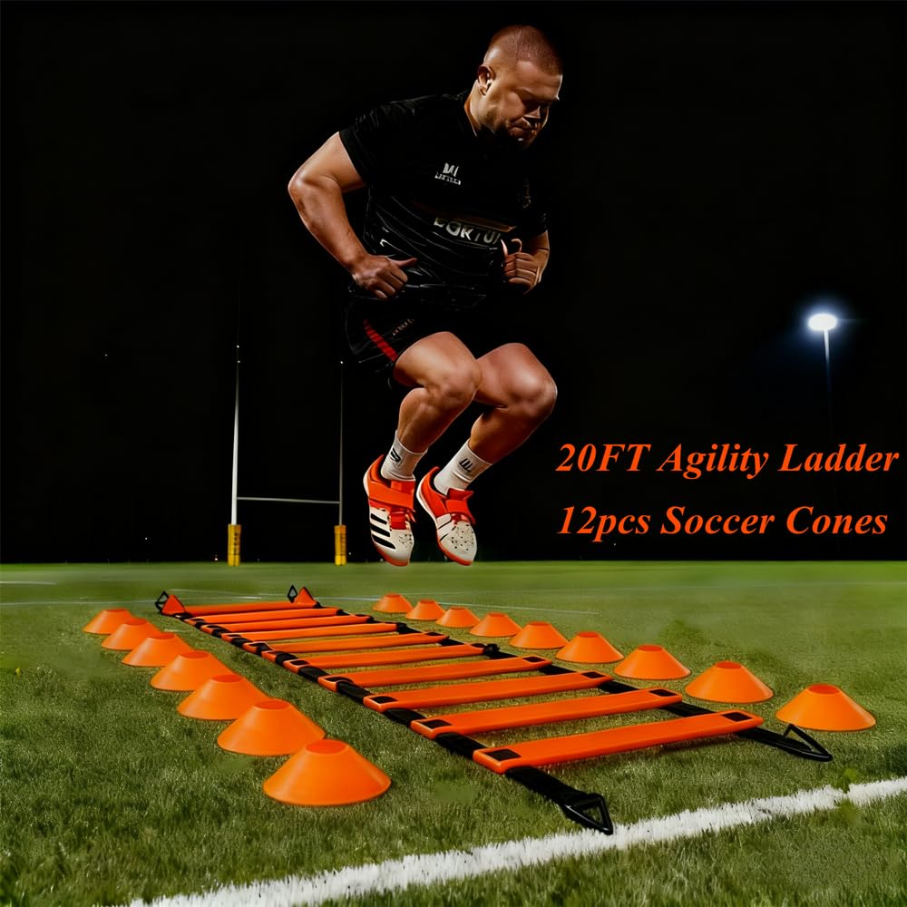 Kvittra 6PCS 6FT Adjustable Soccer Agility Training Poles, Soccer Agility Training Equipment with 20 ft Speed Ladder, 12 Disc Cones and Weighted Jump Ropes, Speed & Agility Turf Training Poles Drills