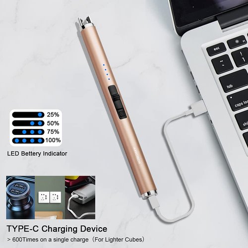 ARECTECH Rechargeable Electric Candle Lighter Arc Plasma Windproof Lighter for Candle Kitchen Birthday Gift for Mom Men Wife with Type-C Cable Champagne Gold