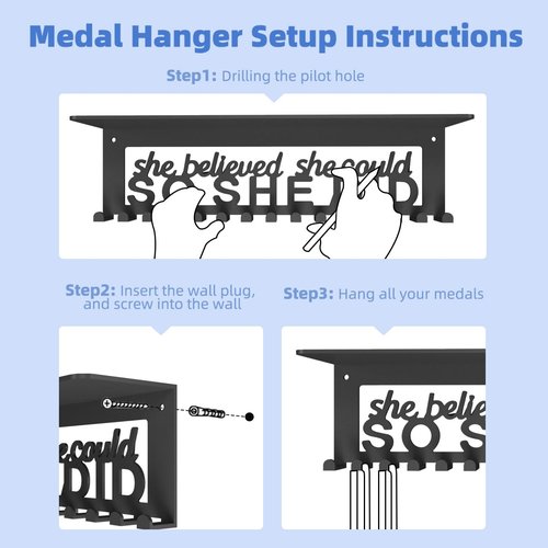 Dafftos Medal Hanger Display Holder Wall Ribbon Organizer Race Storage Frame Awards Bib Holder Medal Hanging Metal Rack Cheer Gymnastics Soccer Softball Runner She Believed She Could So She Did