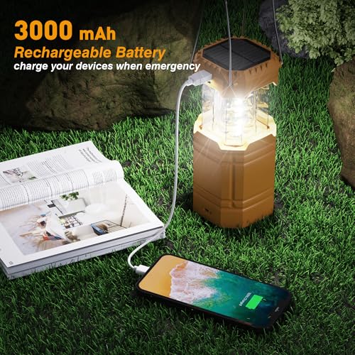 Yellow Portable LED Camping Lantern with 3000mAh Solar Hand Crank Rechargeable Battery