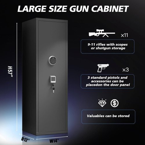 Biometric Gun Safe for Home, Large Capacity Rifle & Pistol Safe with 3 Pistol Pouches, Gun Safe Cabinet with Quick-Access Lock,Fingerprint password lock, No Assembly Required (57"H 14"W 12''D）