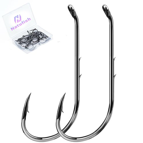 Natufish Baitholder Fishing Hooks 50Pcs Bait Holder Hooks Offset/Double Barbed/Long Shank/Down Eye for Soft Live Baits Saltwater(Size 6#)