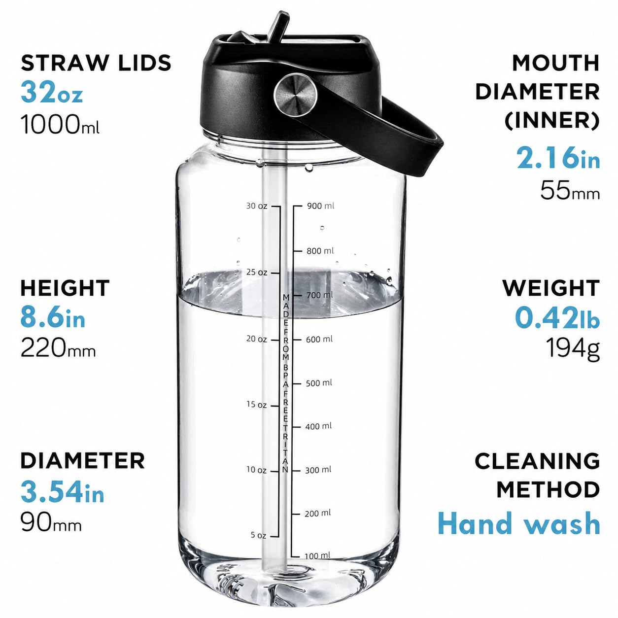 OLDLEY 32oz Water Bottle with Straw,Leakproof Tritan Clear Bottle with Marked Bottle and Carry Handle, BPA-Free Wide Mouth Reusable Sports Water Bottle for Gym,Hiking, Camping, Travel, Workout,Clear
