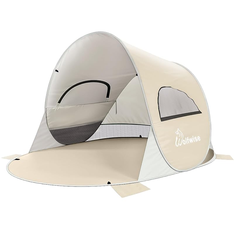 Wolfwise 3 Person Pop Up Beach Tent - Beige, Easy Setup Sun Shade Shelter