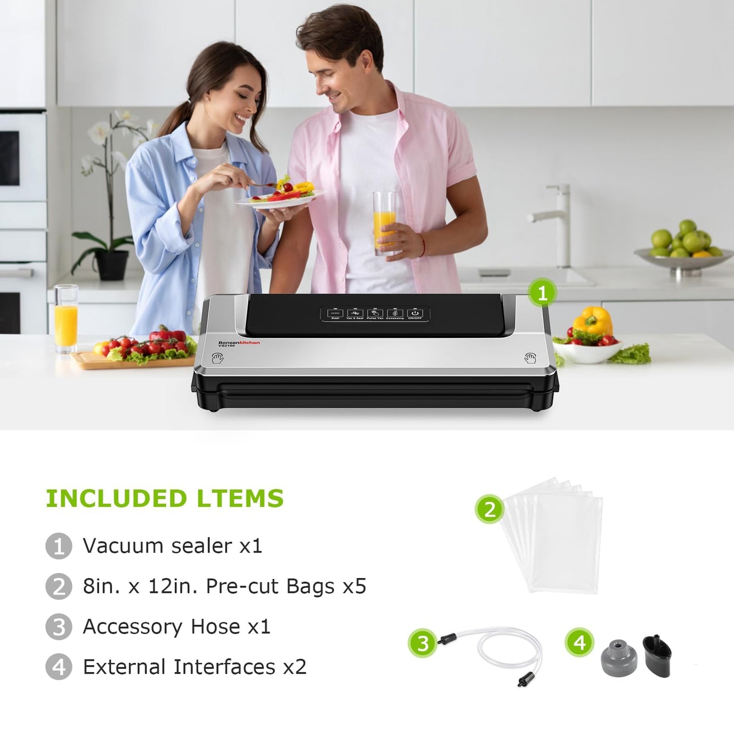 Bonsenkitchen Vacuum Sealer Machine, Fast-Compact Food Sealer, Multi-Functional Food Vacuum Sealer with 5 Vacuum Bags & Accessory Hose, Technology for High-Speed Continuous Working, Silver