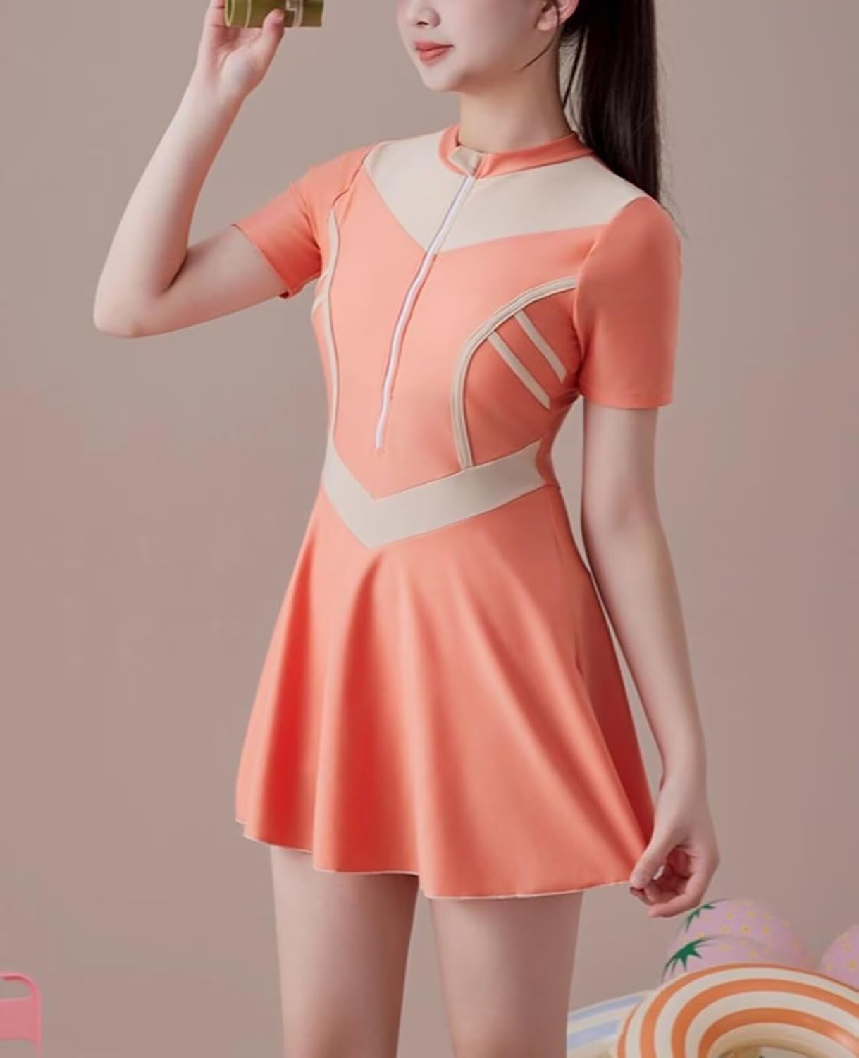 JadeRich Teen Girls One Piece Sporty Swim Dress Short Sleeve Zipper Front Rash Guard Skirted Swimsuit with Built-in Shorts
