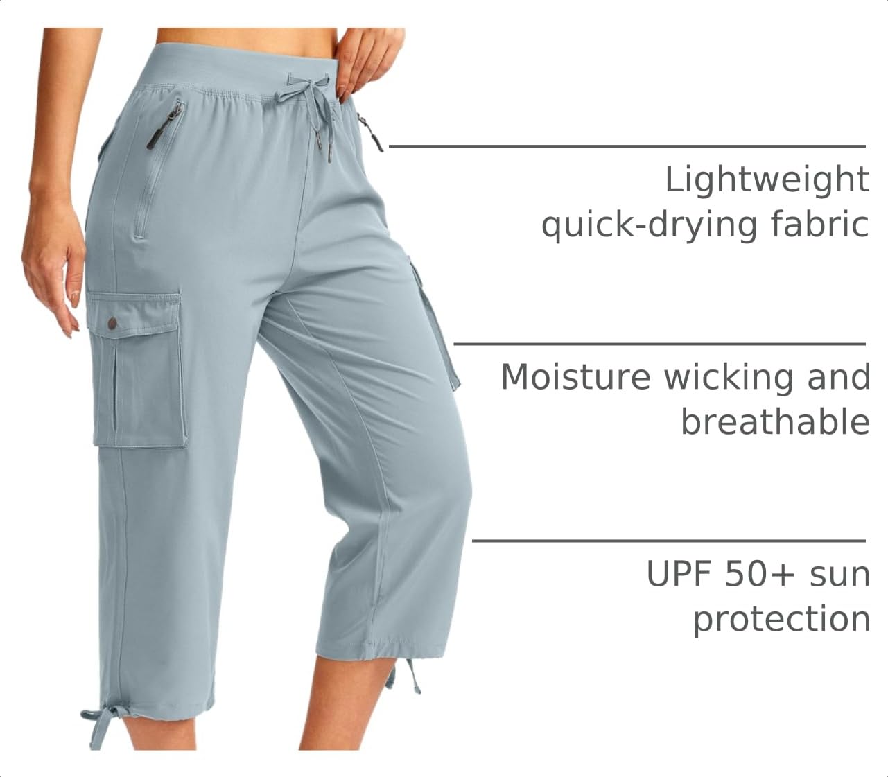 Soothfeel Women's Cargo Capris Pants with 6 Pockets Lightweight Quick Dry Travel Hiking Summer Pants for Women Casual (Light Grey, XS)