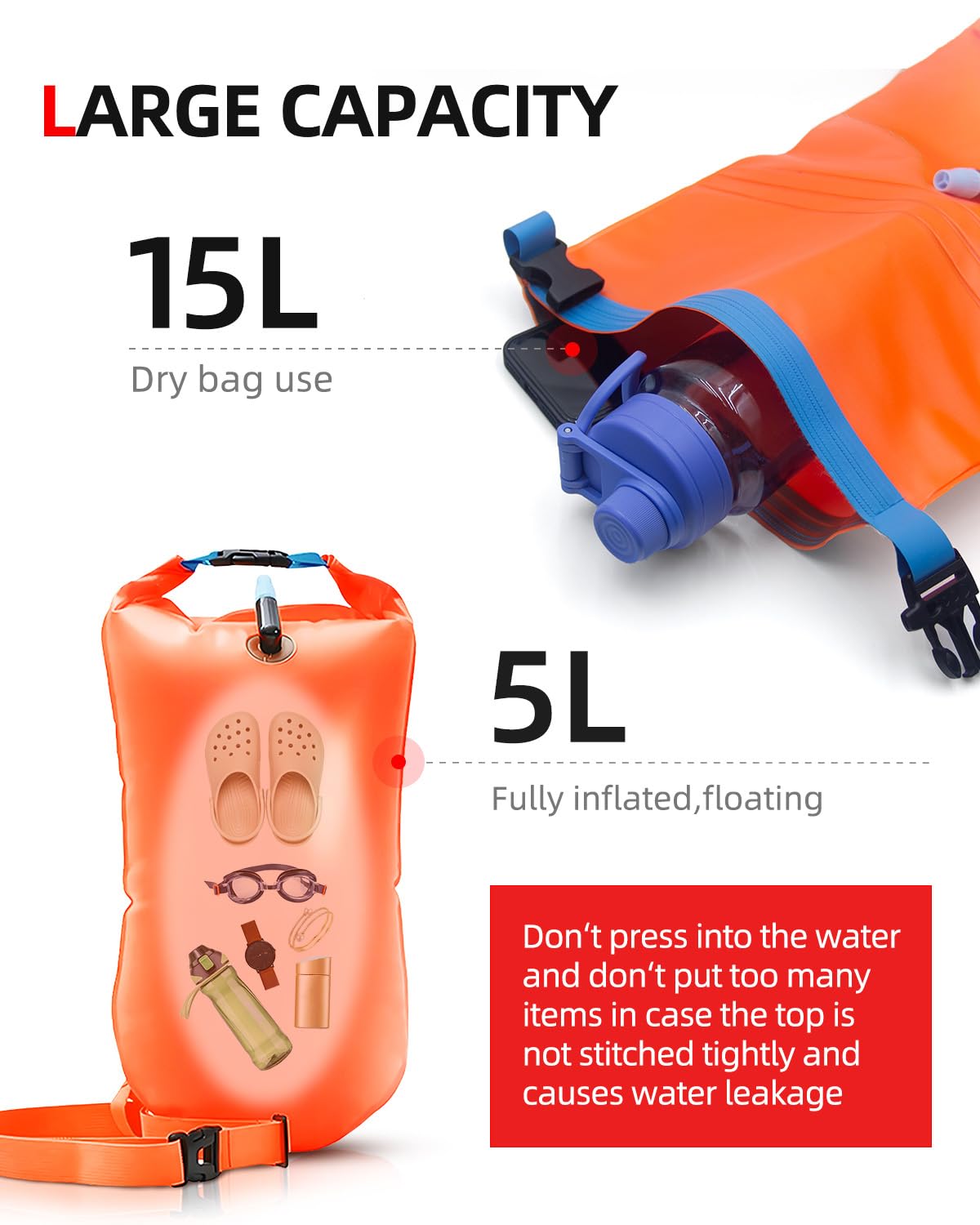 Abahub Swim Buoy Safety Tow Float Swim Bubble Achieve Be Bright, Be Seen, Be Safer for Open Water Swimmers and Triathletes During Outdoor Swimming High Visibility Buoy Orange 15L