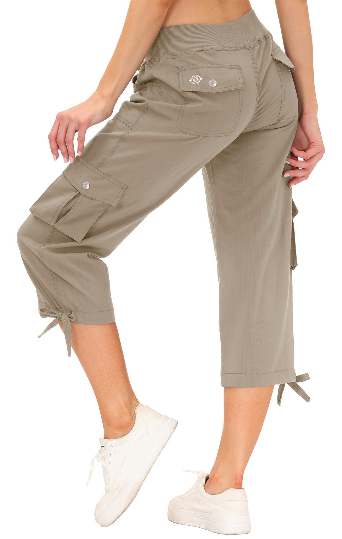 MoFiz Women's Hiking Cargo Shorts Quick Dry Lightweight Athletic Capri Pants for Camping Jogger with Pockets Khaki