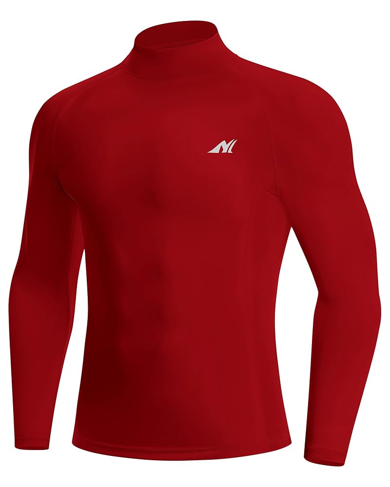 Nakuvara Men's Compression Mock Neck Base Layer Shirt, UPF 50+ Long Sleeve, Red Large