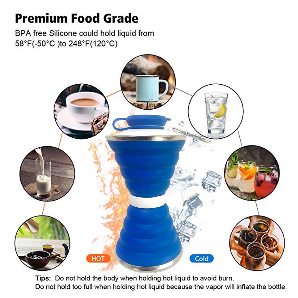 Collapsible Water Bottle, Camping Cup With Carabiner, Reuseable Silicone Foldable Leak Proof Portable Sports Travel Water Bottles For Outdoor, Travel Gym Hiking, BPA Free, Cycling Cups with Carabiner
