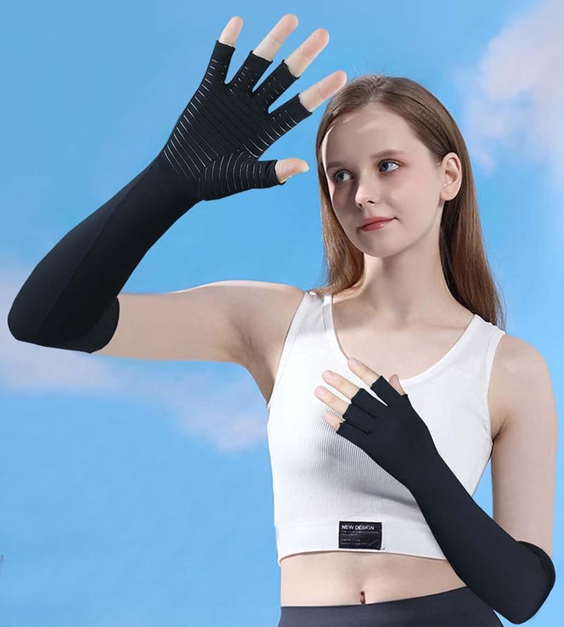 Copper Long Arthritis Gloves with Fingerless Design - Medium, Black