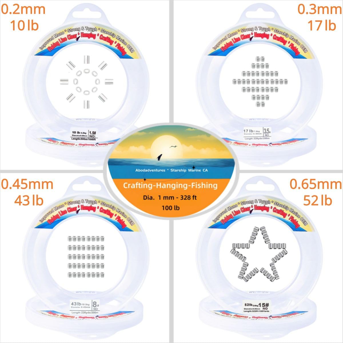 Aboda Clear Fishing Wire Dia. 0.2 mm to 1 mm 656ft Fishing Line for Crafts Hanging Beading Clear String for Hanging Decorations Balloons Garlands with Crimp Sleeves 17lb Test