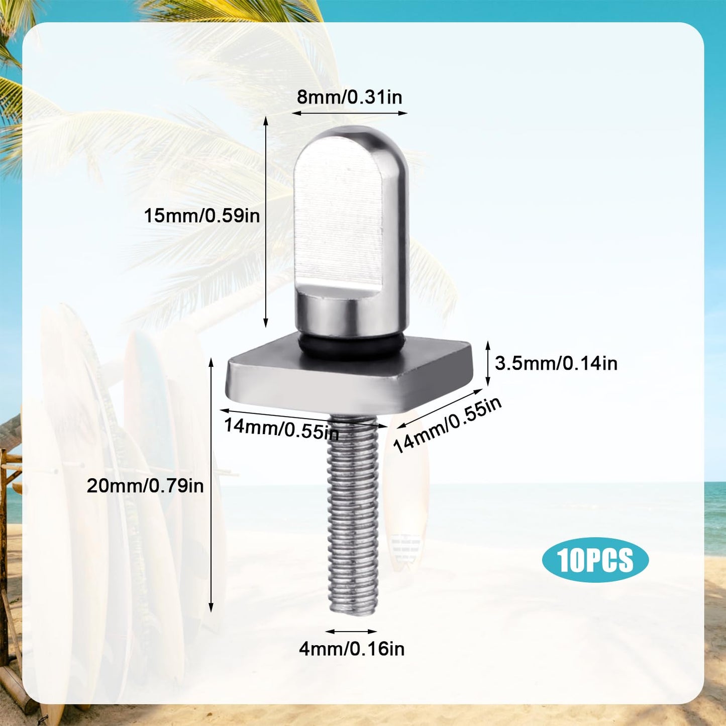 10pcs Surfboard Fin Screws, 316 Stainless Steel Paddle Board Fin Screw and Plate Surfboard Surfing Accessories with O-Rings for Surf Longboard & SUP