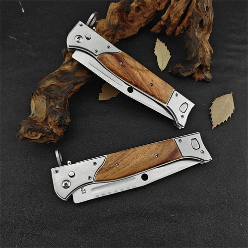 Goshawk 13" Large AK47 CCCP Button Lock Pocket Knife with Slide Safety Lock，Portable Tactical Folding Knives，440C Steel Blade and Wooden Handle，Gifts for Men，EDC Tool for Camping，Hunting