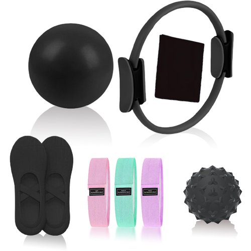 Pilates Essentials Kit for Women, Pilates Equipment, for Home Workouts with Ring and Ball Set, 3pcs Booty Bands, Yoga Bands for Stretching, Fascia Ball, Yoga Socks (Black)