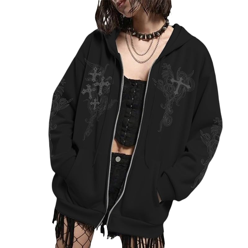 Black X-Large Zip Up Hooded Graphic Gothic Hoodie - Y2K Grunge Cross Design