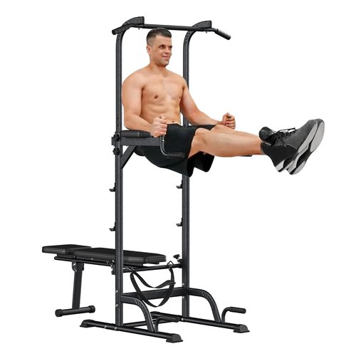 HEVIRGO All-in-One Multifunctional Power Tower with Height Adjustable, Heavy-Duty Construction, Push Up Stand,Pull Up Bar Dip Station/Stand for Home Gym Strength Training Workout Equipment Black