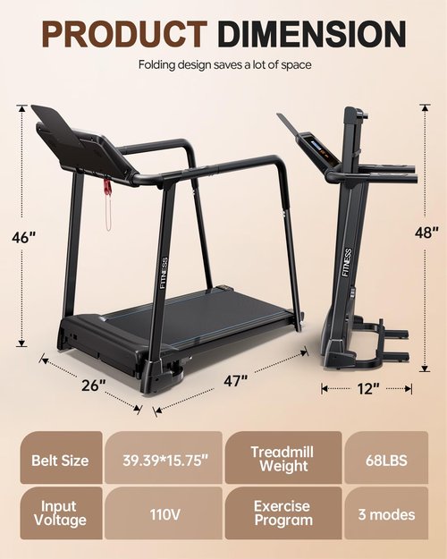 Thalorus Walking Treadmill for Seniors with Full-Length Safety Handrails, Foldable for Small Spaces & Joint-Friendly Deck | Features Reverse-Walk Technology for Balance Training (TPB-3090)