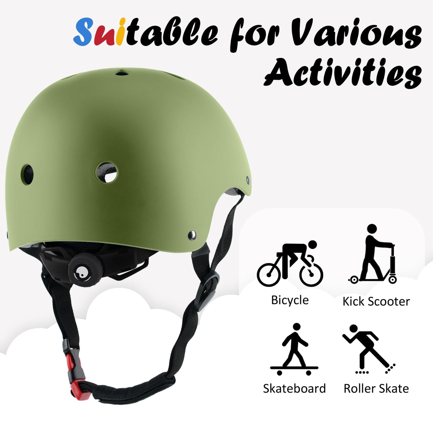 Kids Bike Helmet, Adjustable and Multi-Sport, from Toddler to Youth, 3 Sizes (Olive)