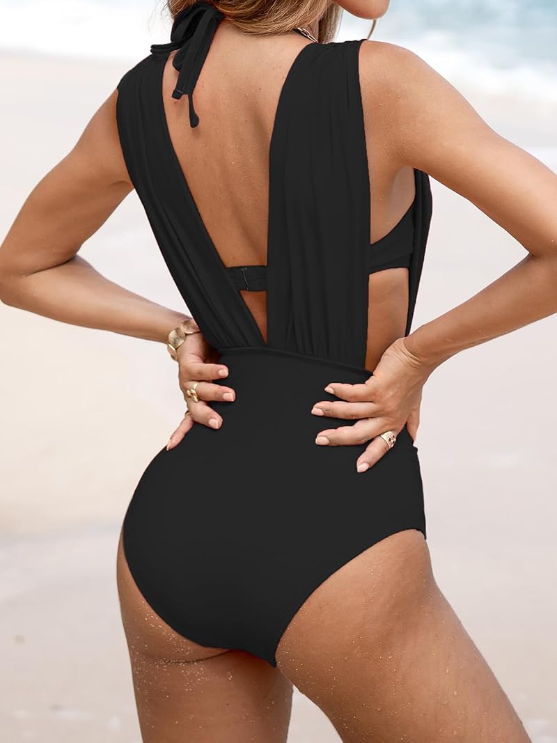 CUPSHE Women's One Piece Swimsuit Plunge V Underwire Push Up Swimwear - Black, Large