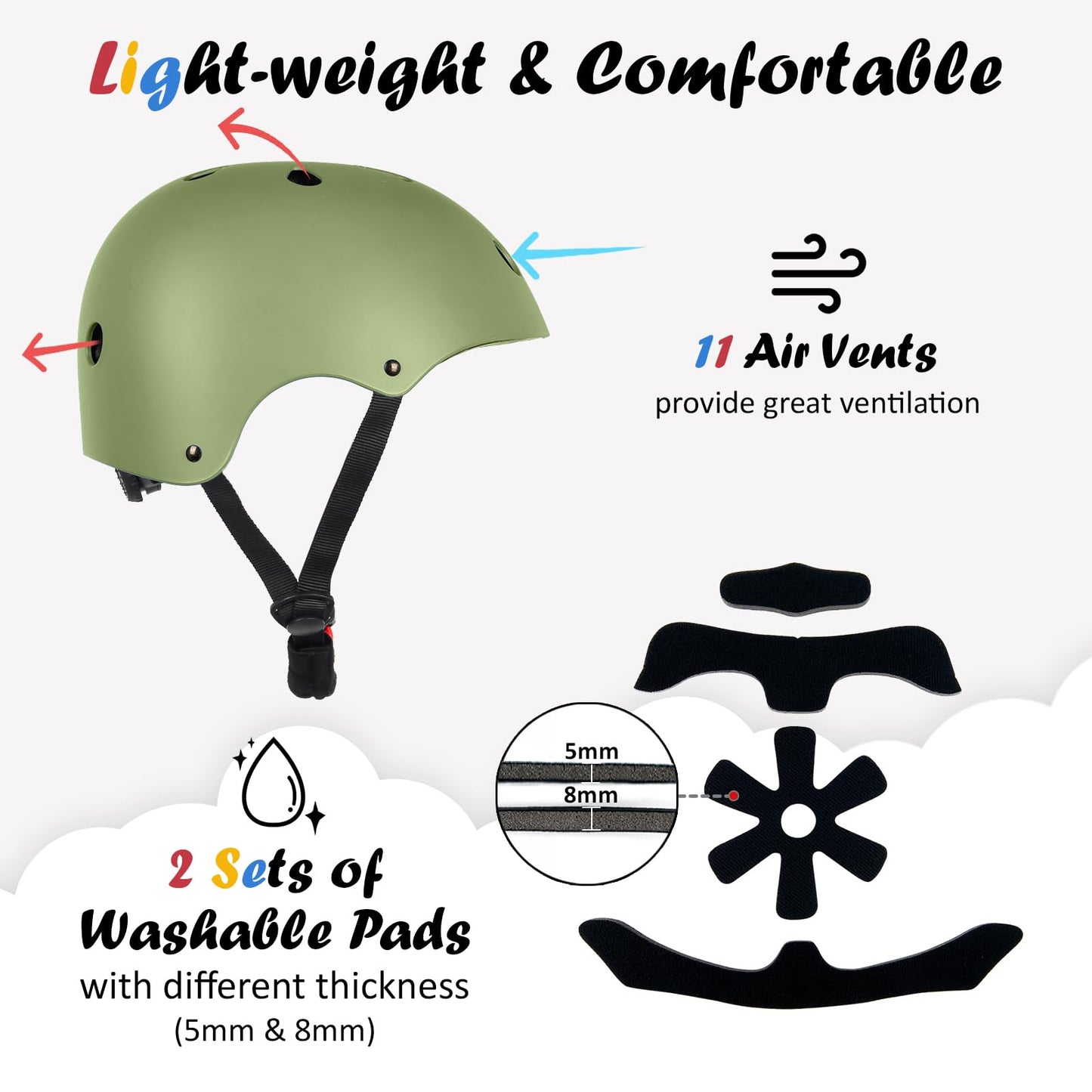 Kids Bike Helmet, 3 Sizes from Toddler to Youth, Olive, Medium