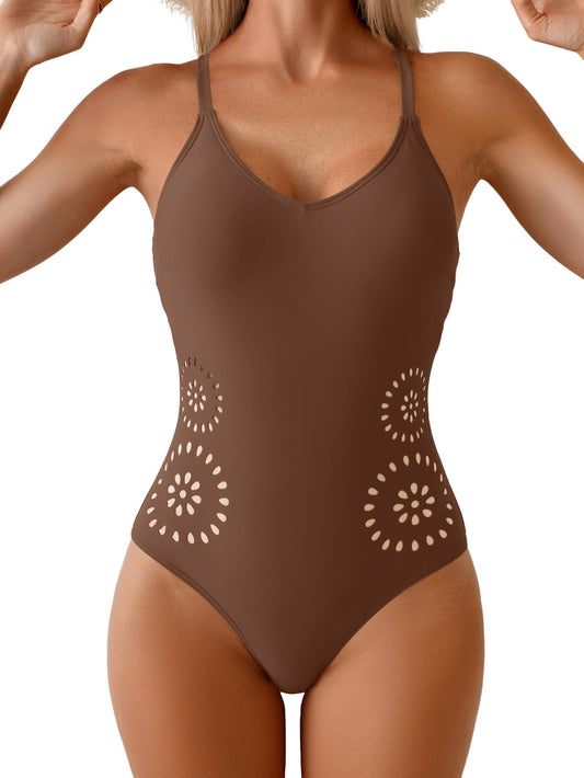 Aidonger Women's One Piece Swimsuit Tummy Control V Neck Bathing Suit Slimming Cutout Tie Knot Swimwear Coffee