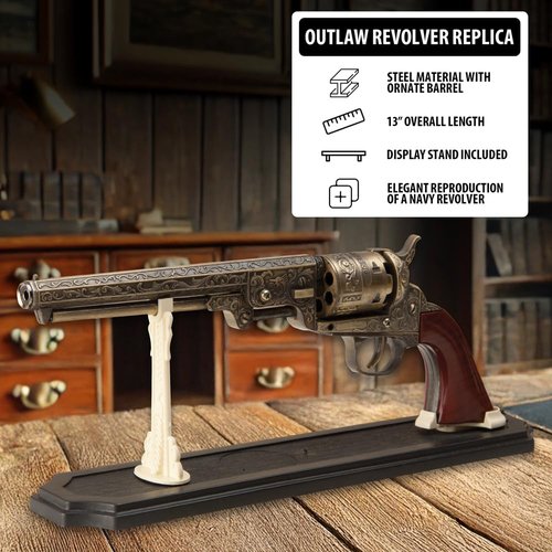 Outlaw Revolver Replica with Stand | 6 1/2" Stainless Steel Barrel | Wooden Grip | Includes Display Stand | Authentic Replica