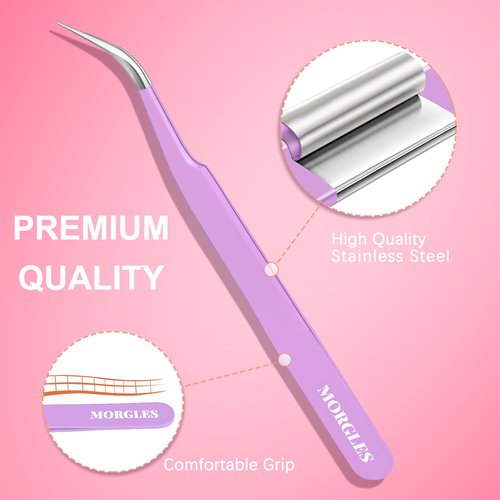 MORGLES 5pcs Eyelash Extension Tweezers High Precision, Straight and Curved Volume Lash Tweezers for Extensions, Crafting, Girls Women Beginners