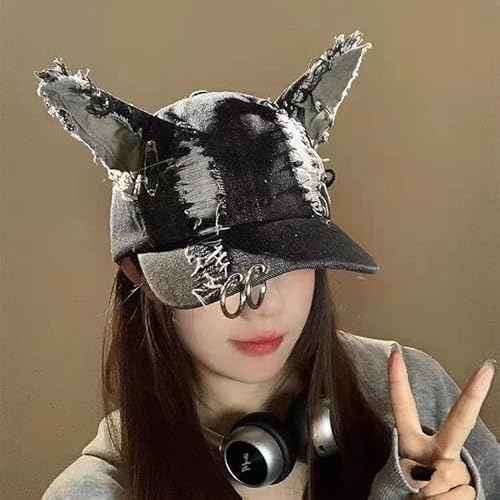 Cat Ear Baseball Cap Iron Ring Trucker Hat Women Caps Distressed Denim Baseball Cap Grunge Aesthetic Hat