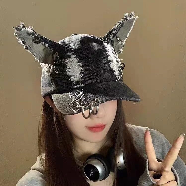Cat Ear Baseball Cap Women Trucker Hat Distressed Denim Grunge Aesthetic