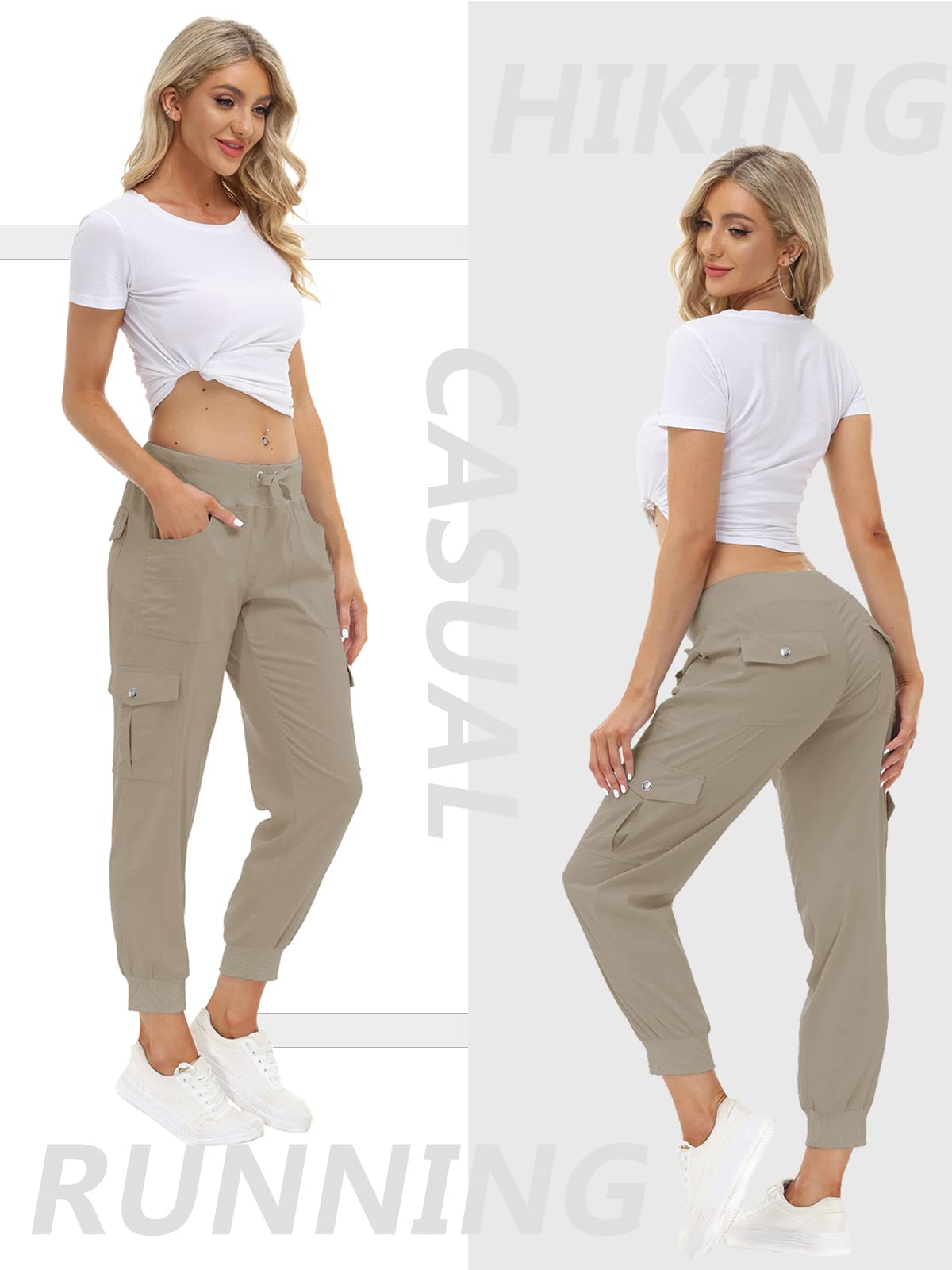 MoFiz Women's Cargo Pants Hiking Joggers Summer Lightweight Quick Dry Athletic Outdoor Sports Sweatpants Travel Casual Button Pockets Khaki 3XL