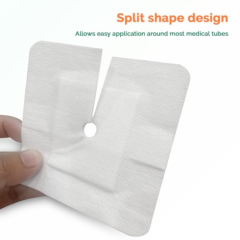 Greetmed Split Drain Adhesive Island Dressings 4" x 4" (20 Pcs) for Catheters & Tubes