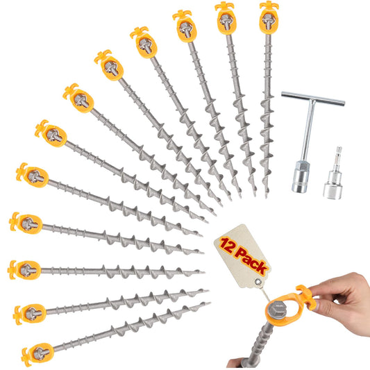 Keltrion 12 Pcs Non-Rust Cast Aluminum Screw in Tent Stakes, Ideal for Camping, Trampolines, Sheds, Backyard, Swing Sets 14 Inch - Silver