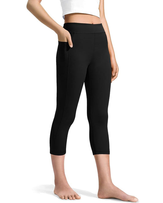 Girls Capri Leggings High Waisted with Pockets - 9-10 Years, Black