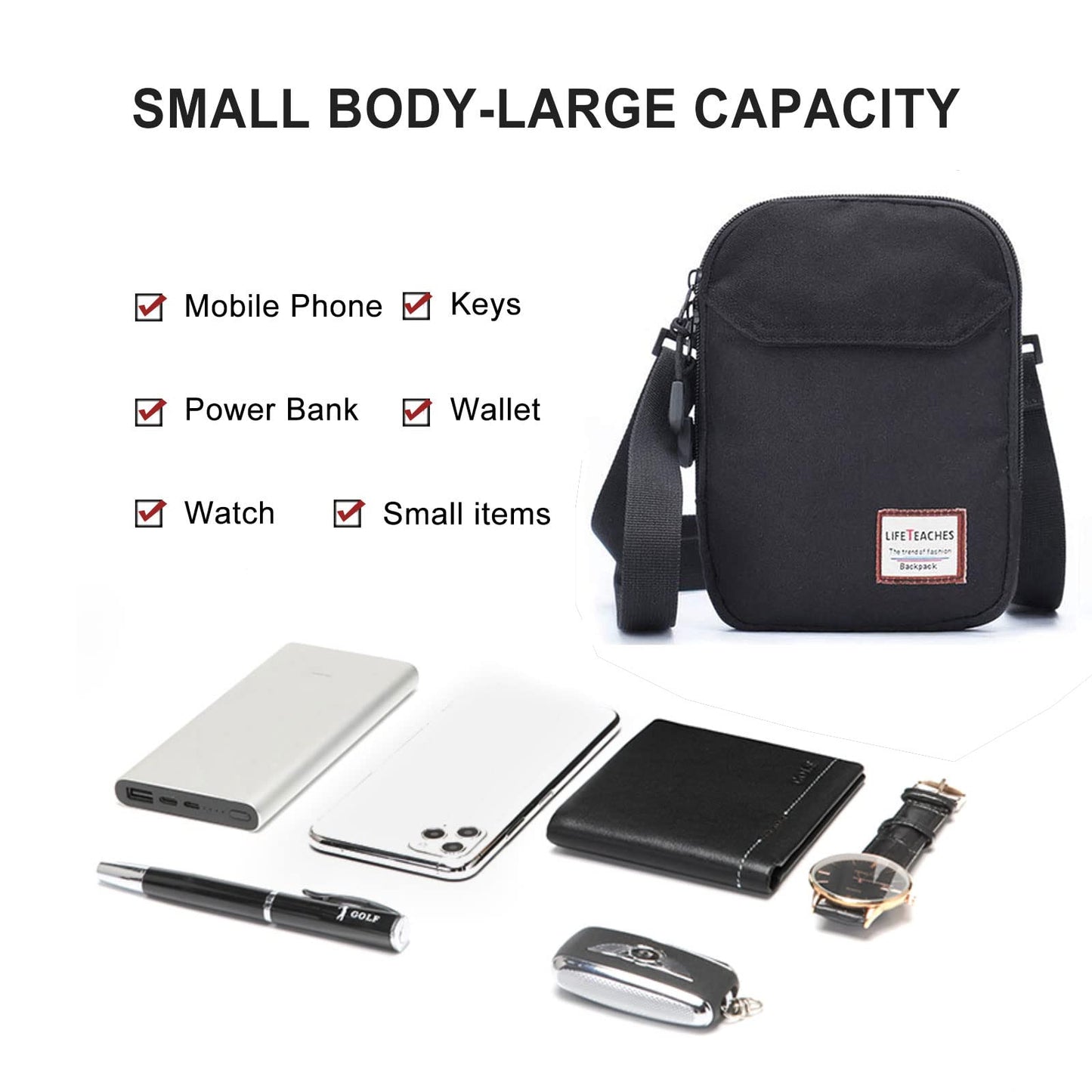 Mini Crossbody Bag Small Shoulder Bag For Men Travel Wallet Passport Holder Phone Purse Unisex, Mini Messenger Satchel Bag For Women Fanny Pack Neck Pouch Bags With Headphone Jack - Black