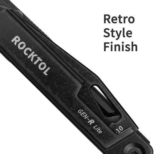 ROCKTOL Multitool Gen-R Lite, Retro Black EDC Pocket Knife VG10 Blade, Compact 15-in-1 Multi-tool with Screwdriver, Large Scissors, Glass Breaker, Leather Sheath, Lightweight for Hiking, Camping