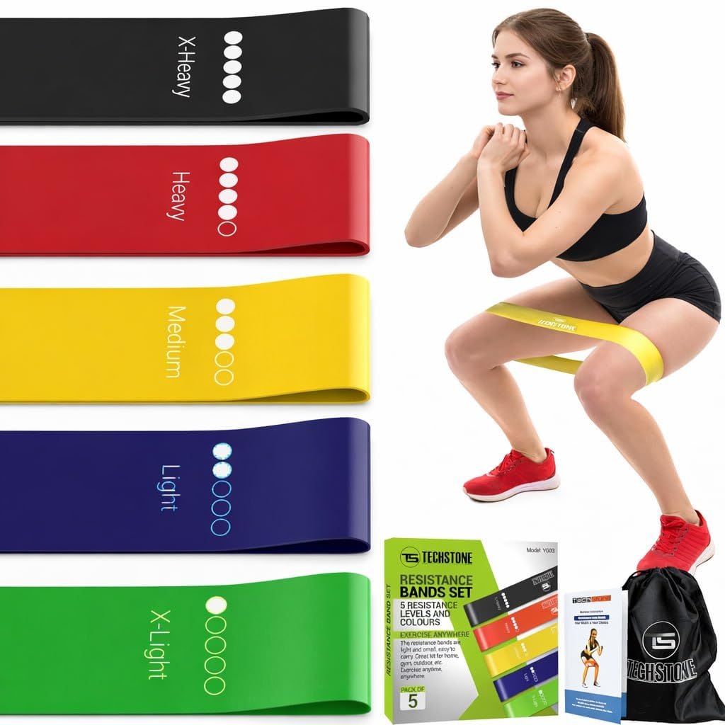 TechStone Resistance Bands Set – 5 Levels Loop Exercise Bands for Men & Women, Elastic Workout Bands for Home Gym, Training, Yoga & Fitness, Carry Bag Included (Multicoloured)