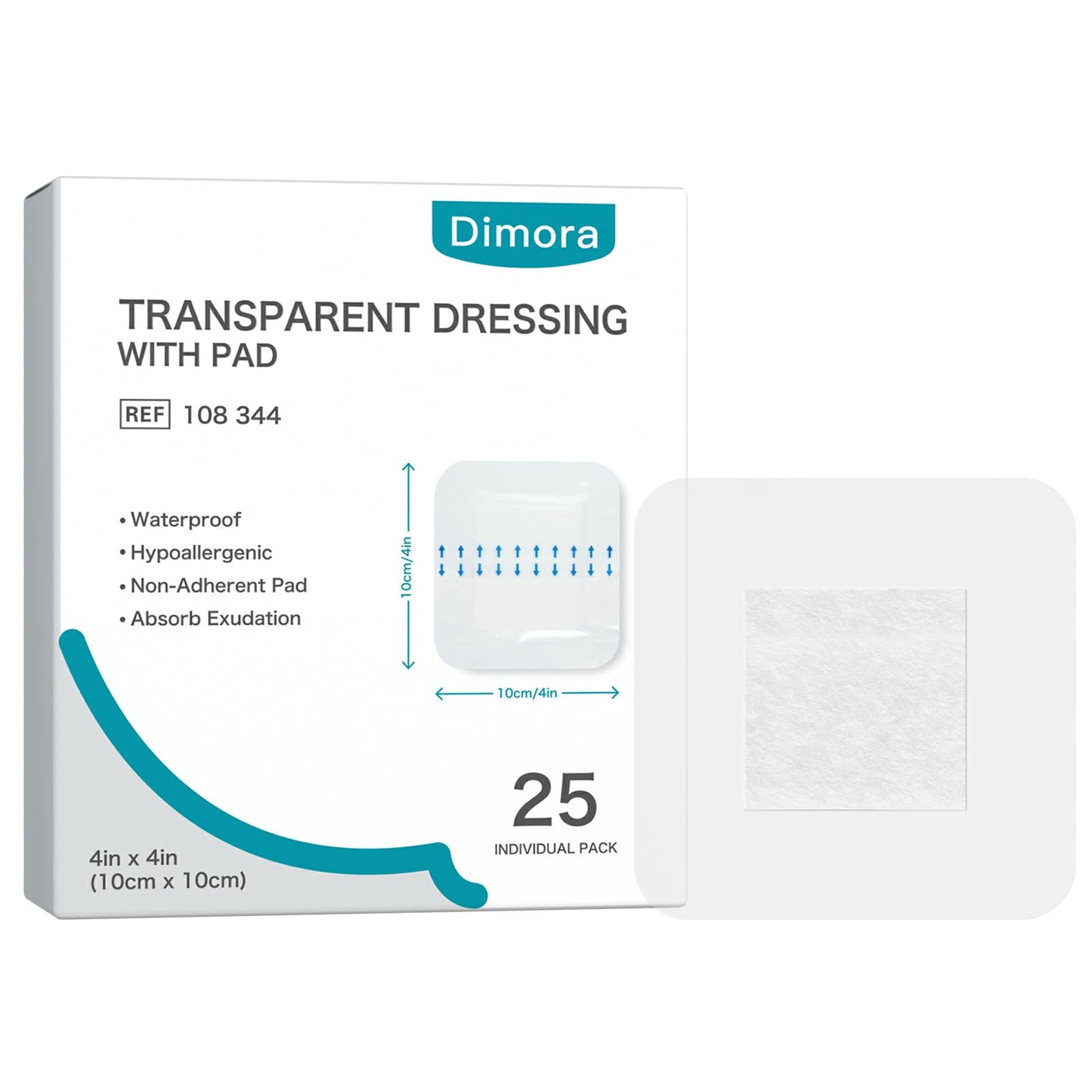 Dimora Waterproof Adhesive Bandages with Pad, Transparent Film Dressing 4x4 inch 25 Packs, Clear Bandage Tape for Wound Care, Fragile Skin and Swimming,IV Shield, Tattoo Aftercare