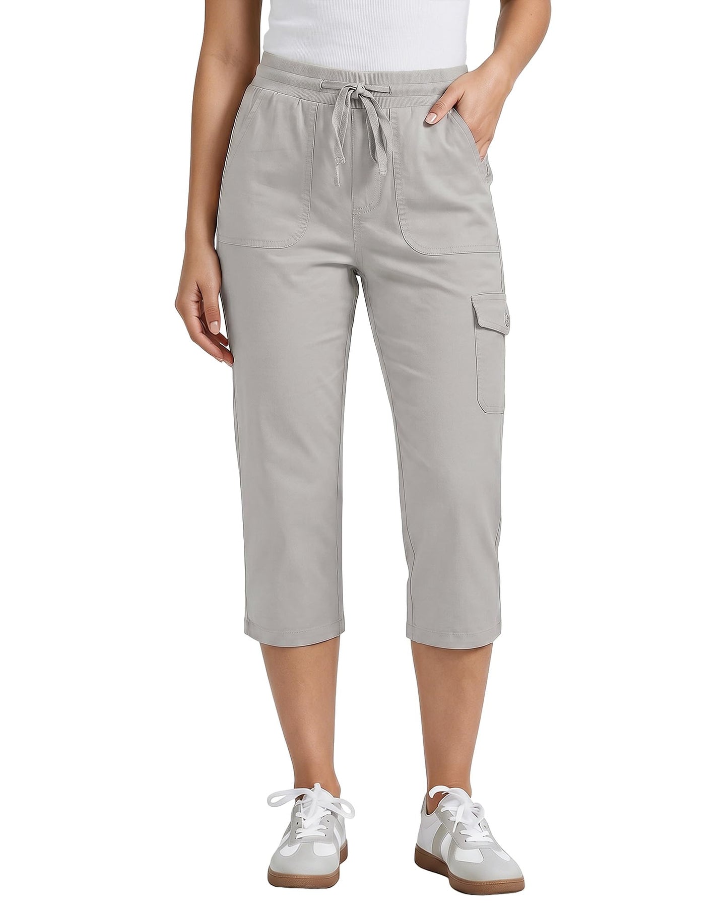 GRAPENT Capri Pants Women Capri Stretch Pants for Women Womens Capris for Summer Women's Capris with Pockets Light Gray X-Large US Size 16-18