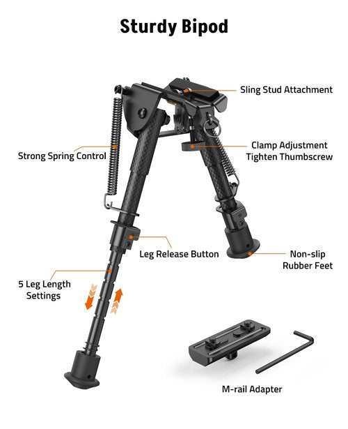 MidTen Bipods for Rifles M-Rail Sling Stud Bipod with Adapter Lightweight 6-9 Inches Carbon Fiber