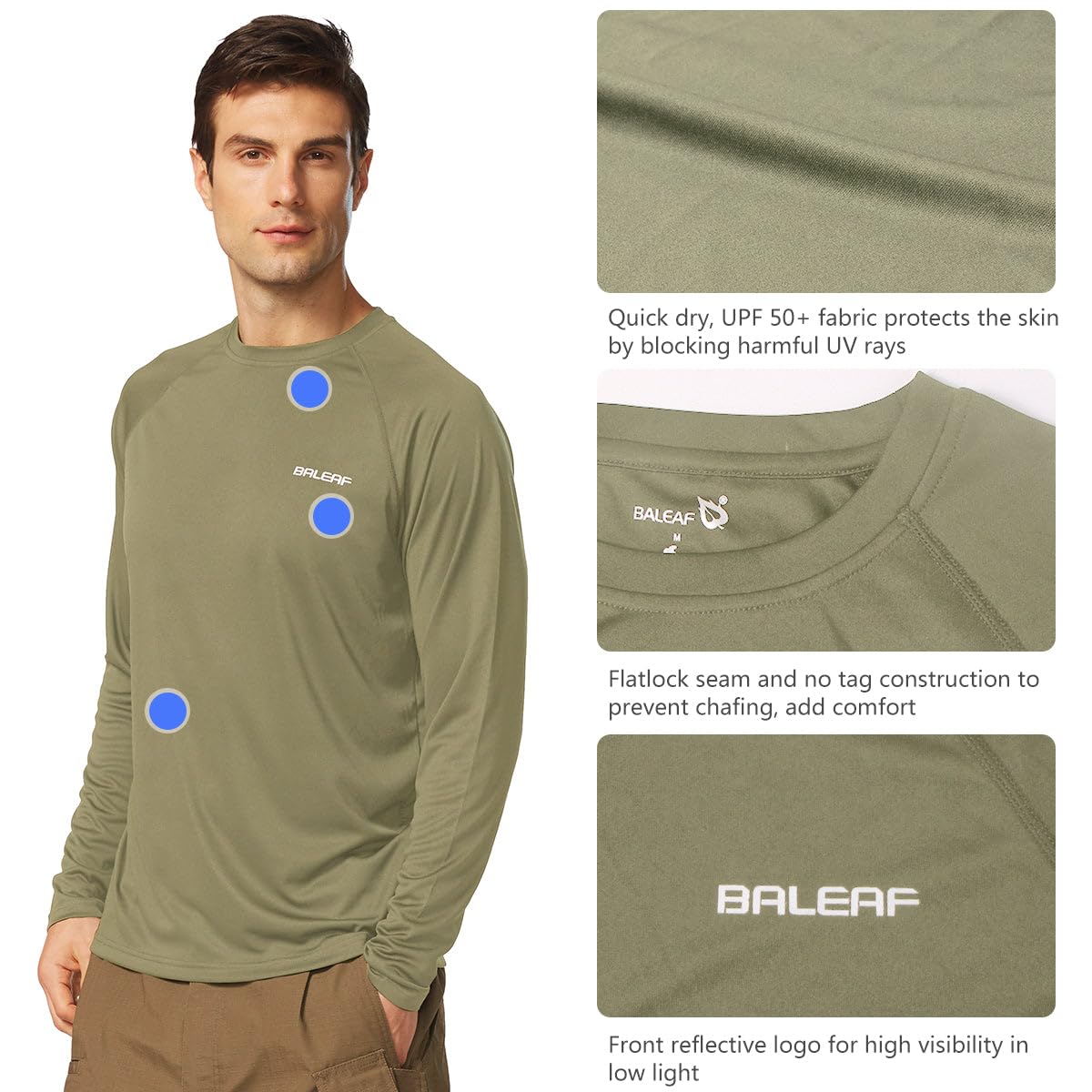 baleaf Mens UPF 50+ Sun Protection Shirts Long Sleeve Rash Guard, Quick Dry 4-Way Stretch for Fishing Swimming Surfing 01-Slate Green L
