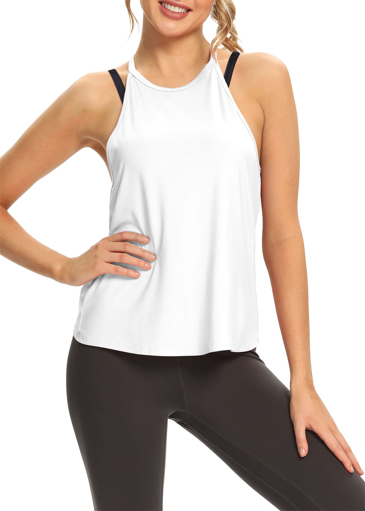 Mippo Womens Open Back Sleeveless Halter Neck Activewear Tank Tops for Workout Gym Sports Running Pilates Hiking Loose Fit White M