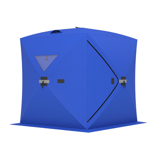 Insulated Pop-Up Ice Fishing Tent - Portable Hub-Style Shelter with 2 Zipper Doors for 3-4 People, Durable Oxford Fabric with Cotton Padding Ice Shack for Winter Fishing Trip, Blue